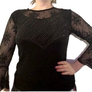 FLARE LACE BLACK SLEEVES BEDAZZLED RHINESTONE TOP LACE DETAILING SPARKLY